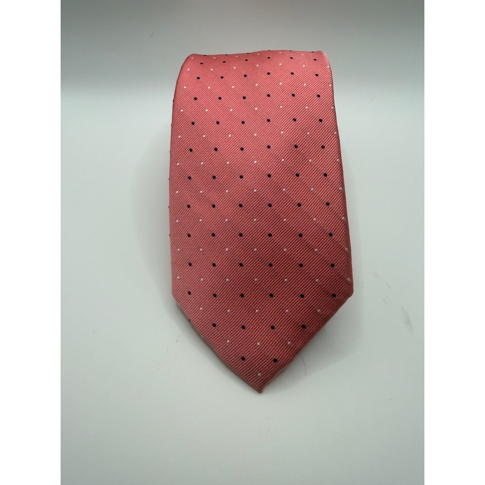 Tommy Hilfiger Mens Silk Necktie Coral Pink Navy White Polka Dot 3.25 Inch Width